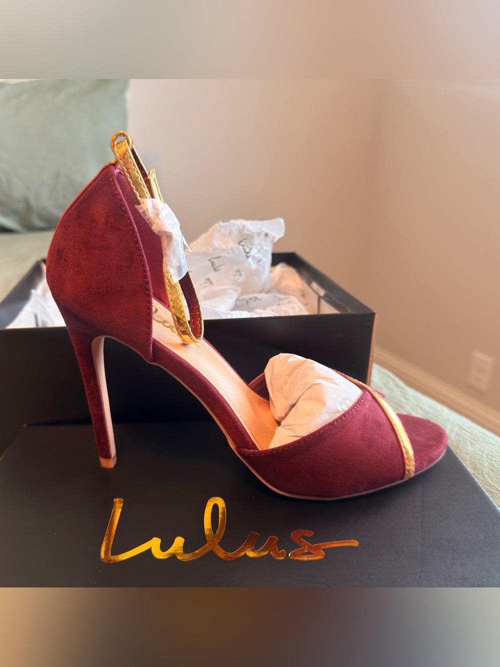 Lulu's Burgundy Suede Open-Toe Stiletto with Gold Trim
